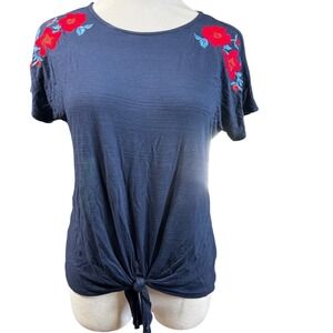 W5 Womens Navy Blue Floral Embroidered Tie Front Slub Knit Tee Shirt Small
